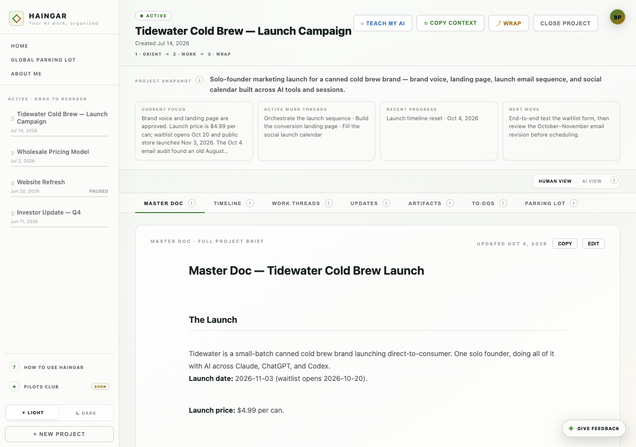 Haingar Master Doc for Tidewater Cold Brew showing its project snapshot, current focus, next move, and launch brief